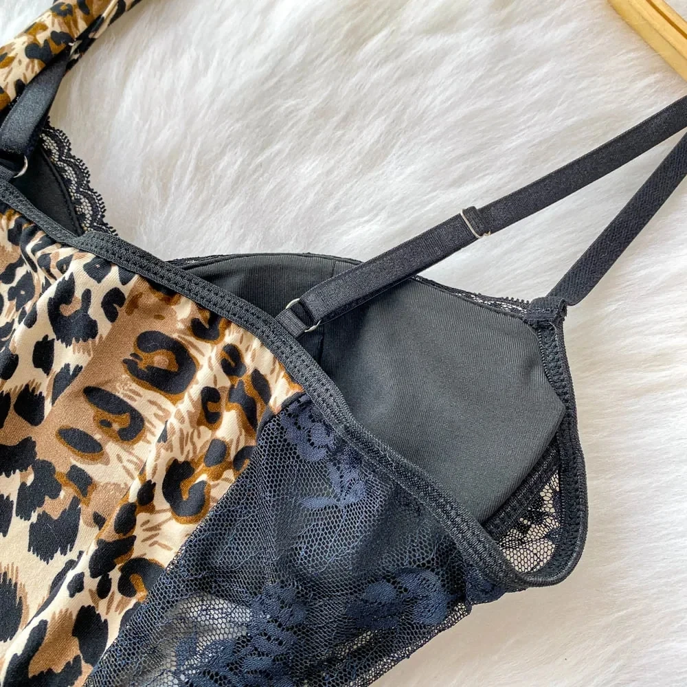 Women Hotsweet V-neck Leopard Slim Vintage Straps Bodysuits Chic Lace Slim Jumpsuits Comfortable Fashion Underwear view 6