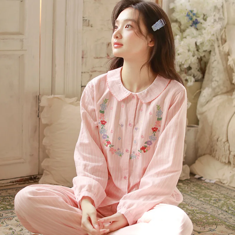 Autumn New Cotton Embroidered Collar Women Pajama Set Sweet Home Wear Long Sleeve Long Pants Double Layer Gauze