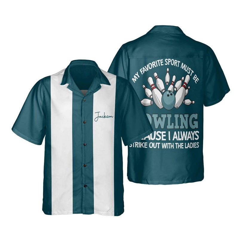 Vintage Bowling Graphic Shirts For Men Clothes Fashion Sport Short