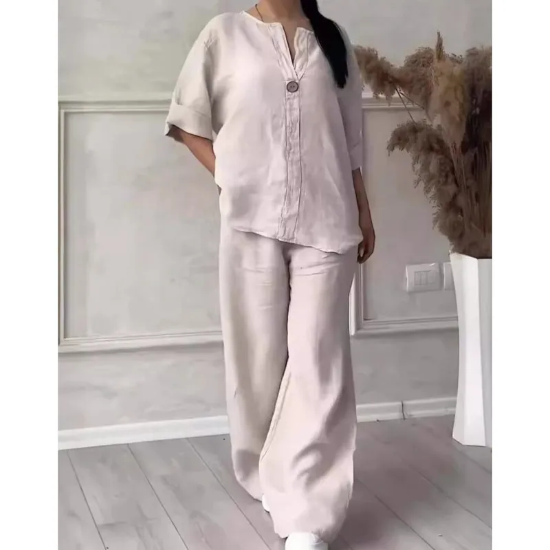 Fall Winter White Fashion Womens 2 Piece Set Suit Long Sleeve Loose Top Wide Leg Trousers Casual Cotton Linen Suit Women Clothes