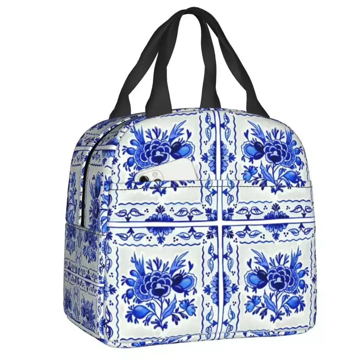 2023 New Modern Delft Blue Tiles Insulated Lunch Bags Vintage Floral Lunch Container For Kids School Children Storage Food Box