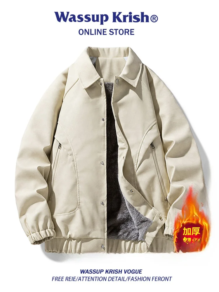 

Wassup Kri Men's PU Leather Jaet Thiened Floing Collar Deconstructed Winter Coat Warm Windproof Long Sve Zipper Po...