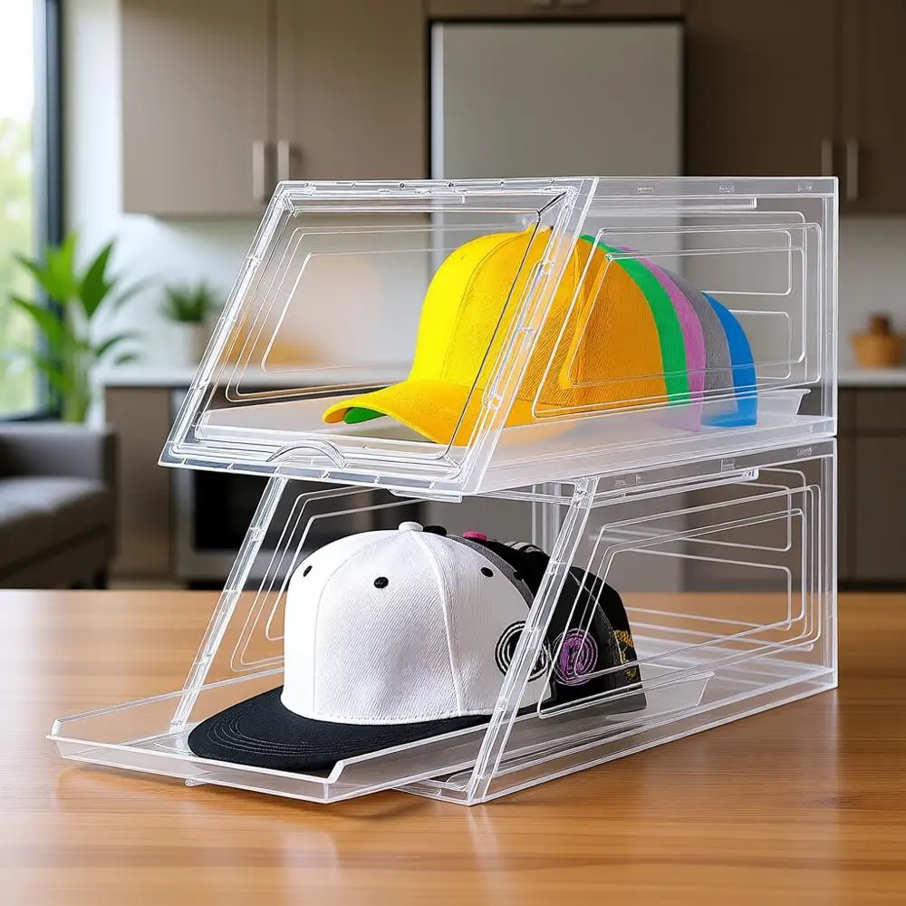 

Прозрачный органайзер для головных уборов, вмещает 12 бейсболок, большой ящик для хранения с выдвижным лотком