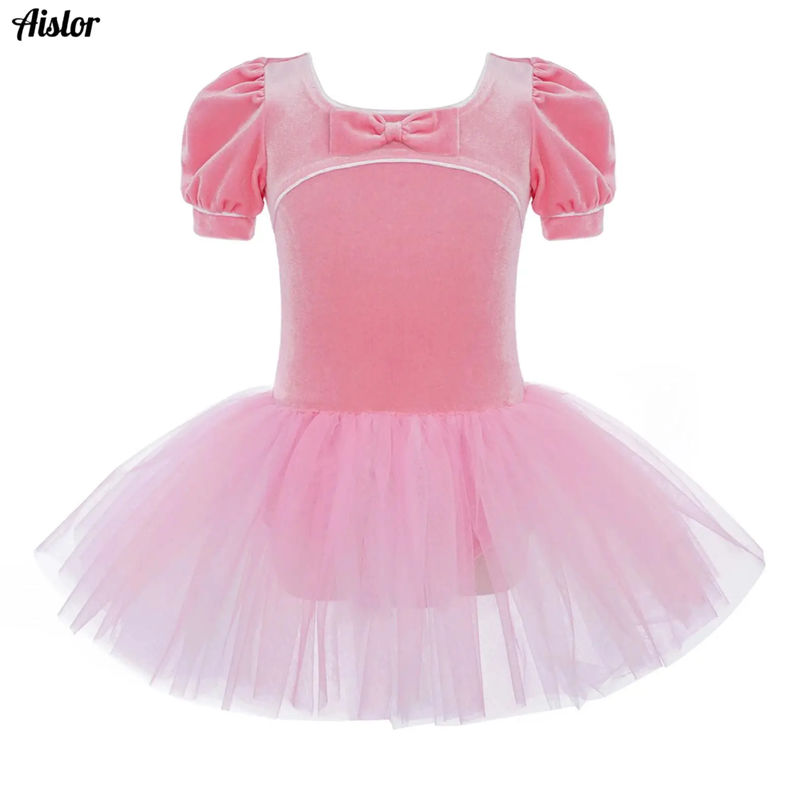 

Kids Girls Ballet Tutu Dresses Bow Short Puff Sleeves Velvet Tulle Dress with Built-in Briefs for Ballerina Stage Performance