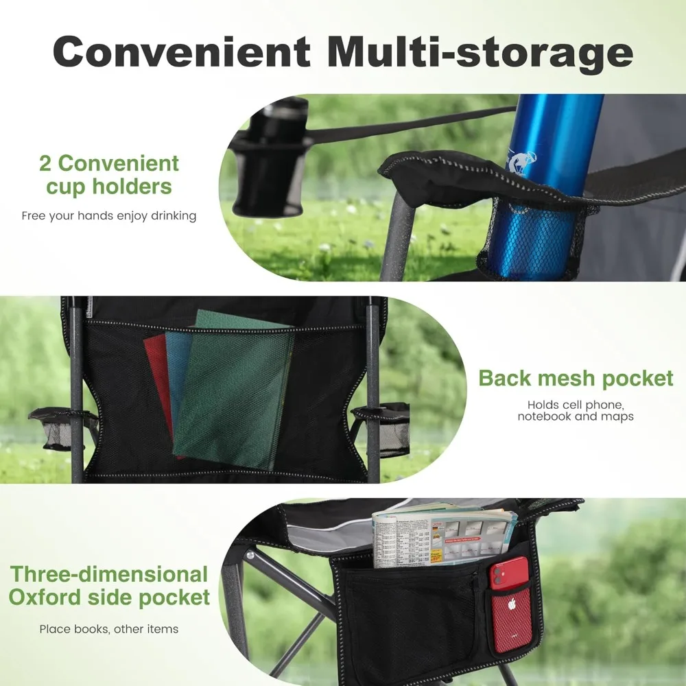 كرسي تخييم كبير الحجم قابل للطي للاستخدام الخارجي، كرسي بذراع عالي التحمل مع حامل أكواب وحقيبة تخزين، سعة وزن 350 رطلًا