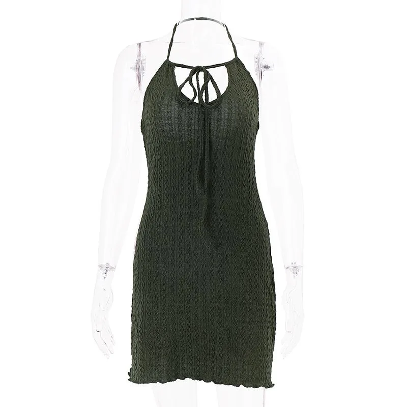 Feminino American ABG Sexy Pendurado Vestido de Alça no Pescoço, Cor Sólida, Mochila Aberta Hip Dress, Novo, 2024