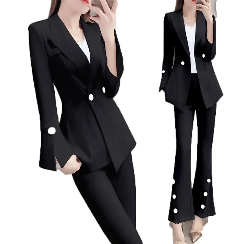 Blazer Women 2 Piece Set 2022 Spring And Autumn New Fashion Temperament Lady Suit Jacket Flared Pants Black Two-Piece Suit L115