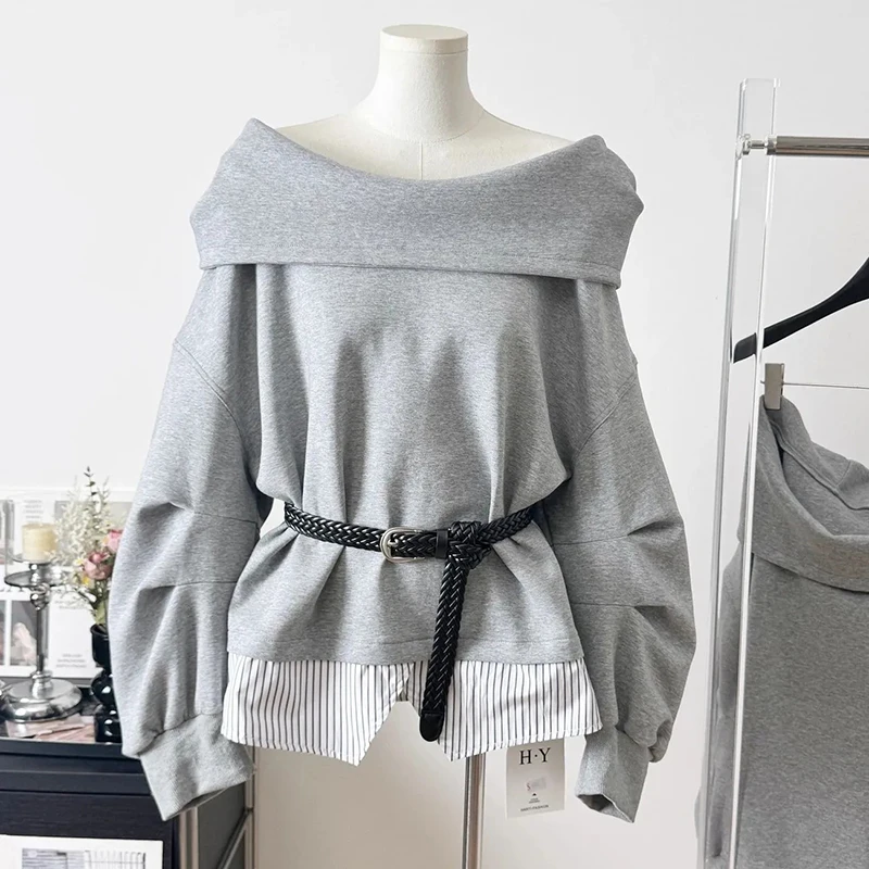 

Striped Patchwork Sweatshirts Women Autumn Slash Neck Hottie Streetwear Pullovers Long Sleeve Vintage Loose Casual Harajuku Tops