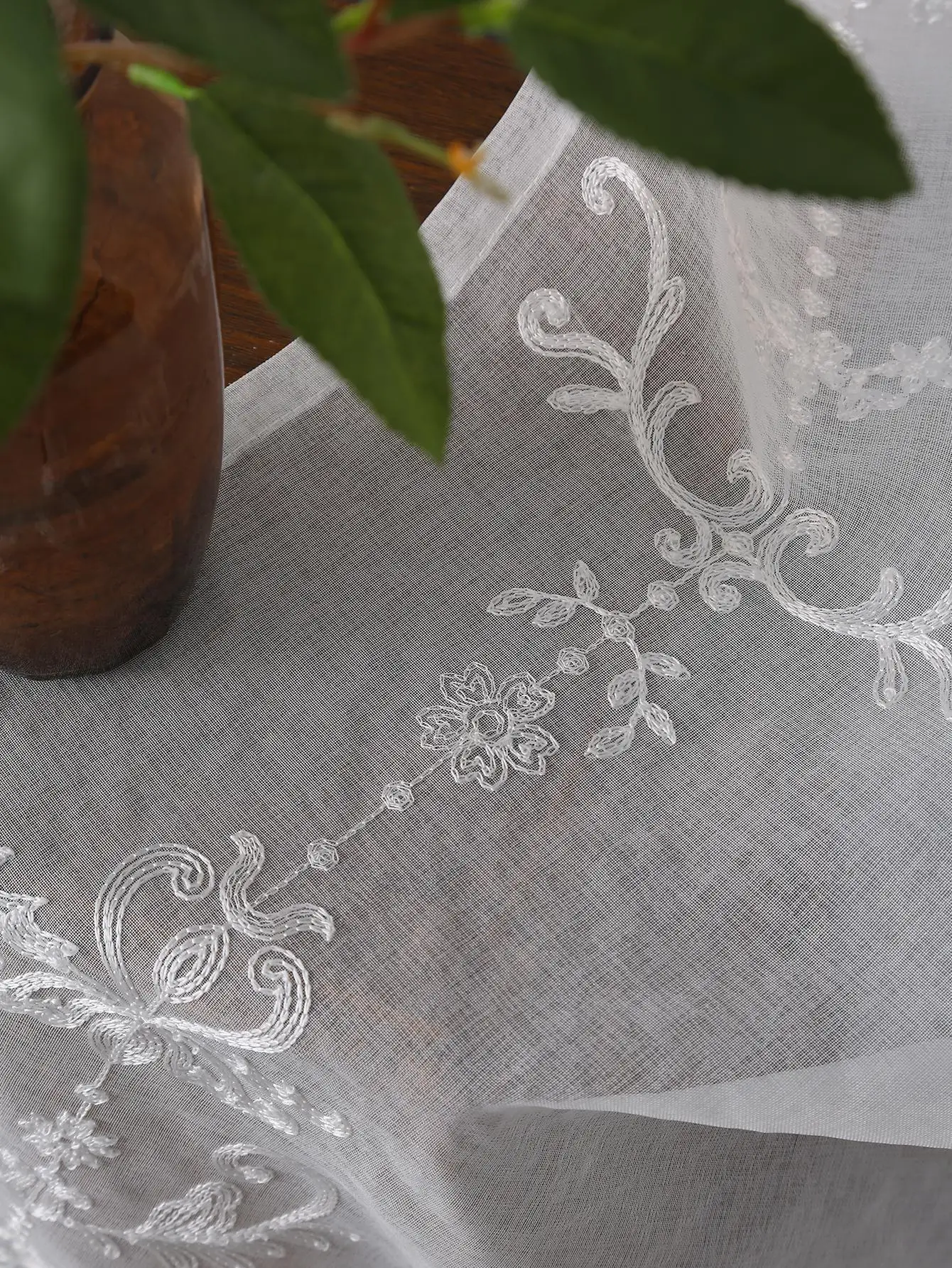 Sheer Curtains White Embroidered Floral Voile Drapes for Living room, Bedroom