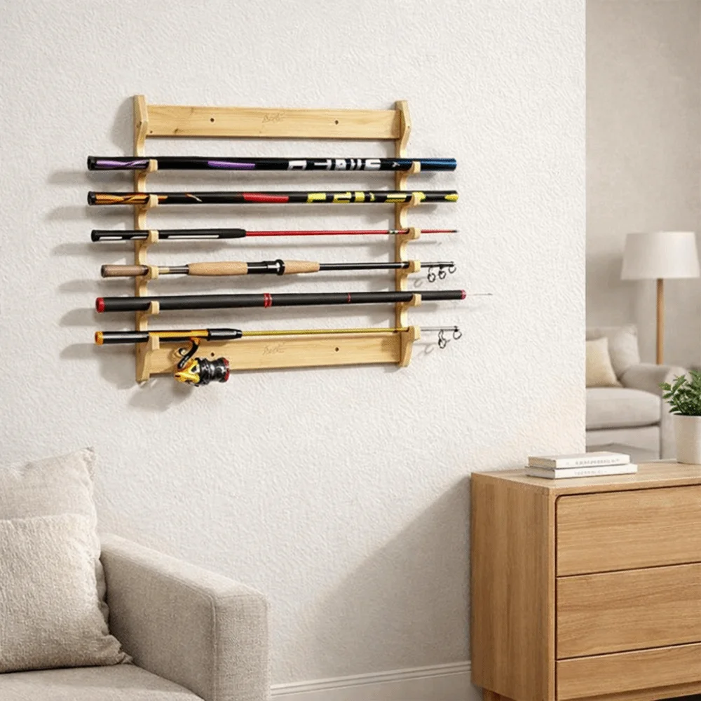 

Бамбуковая стойка для хранения удочек, большая емкость, компактная стойка для демонстрации удочек, настенный держатель для удочки для гостиной