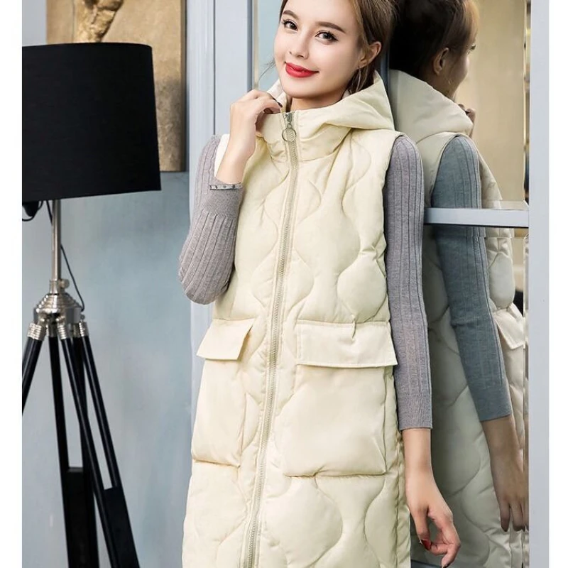 

Hoode Vest Women 2023 Autumn Winter New Fashion Solid Color Long Casual Waistcoat Feminina