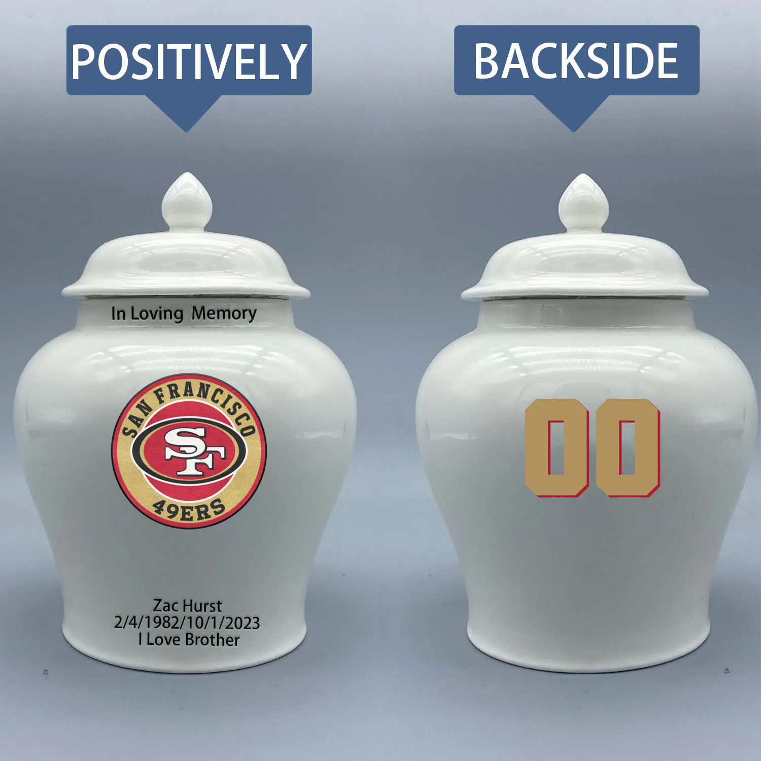 

Medium Urn for San Francisco 49ers-themed Logo Urn.Please send me the customize information-name/date and number on the urn