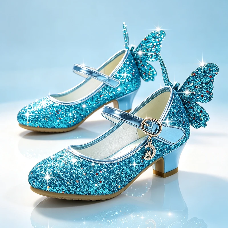 3D Butterfly Wings Decor Sequins Sparkling Girls Princess Mary Jane Shoes Halloween Christmas Elegant Party Children's Sandals