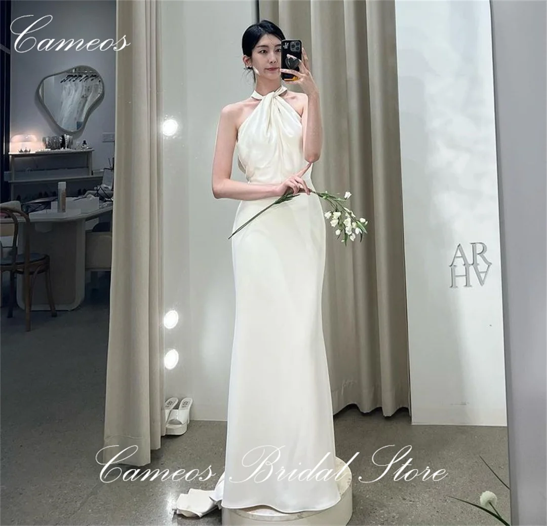 SONDR Korean Halter Ivory Simple Wedding Dress Sheath Satin Customized Formal Bride Dress 웨딩드레스 Sleeveless Wedding Gown Bridal