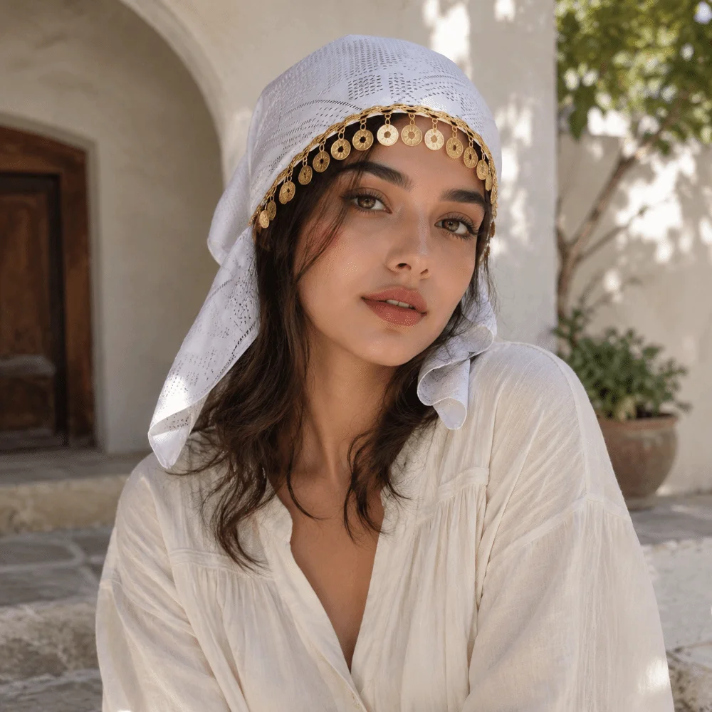 Fashion Polyester Triangle Headscarf Floral Print Breathable Golden Beaded Hijab Lightweight Sequin Elegant Turban Hat Eid Gift