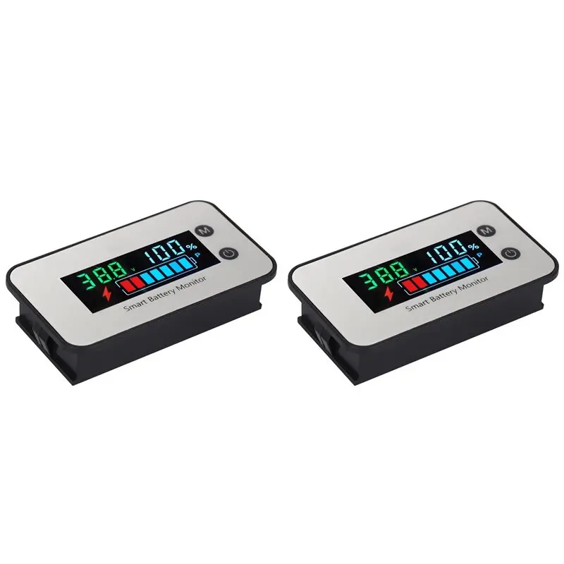 FULL-2X IPX7 Battery Monitor 7-100V Battery Capacity Tester Meter With Buzzer Alarm Temperature, Multicolored Screen