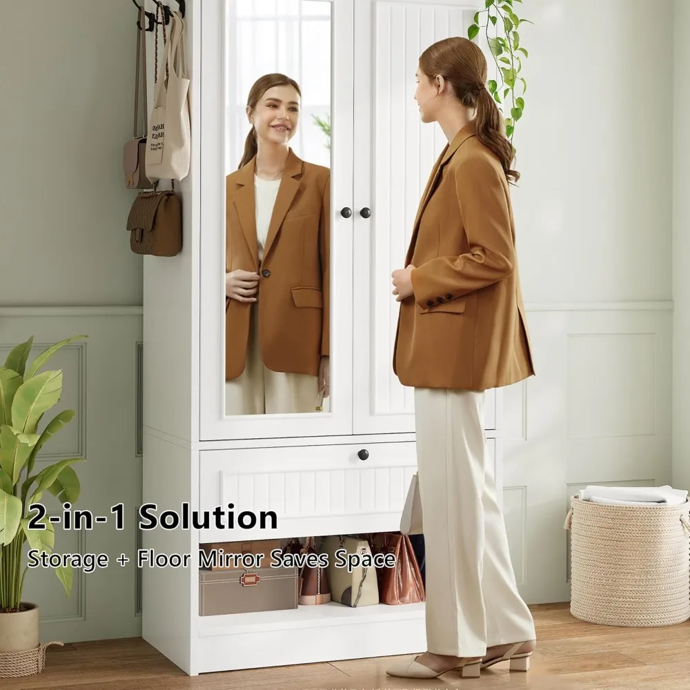 خزانة ملابس خشبية مع باب ودرج مرآة، خزانة تخزين لغرفة النوم ببابين لتعليق الملابس، باللون الأبيض #5