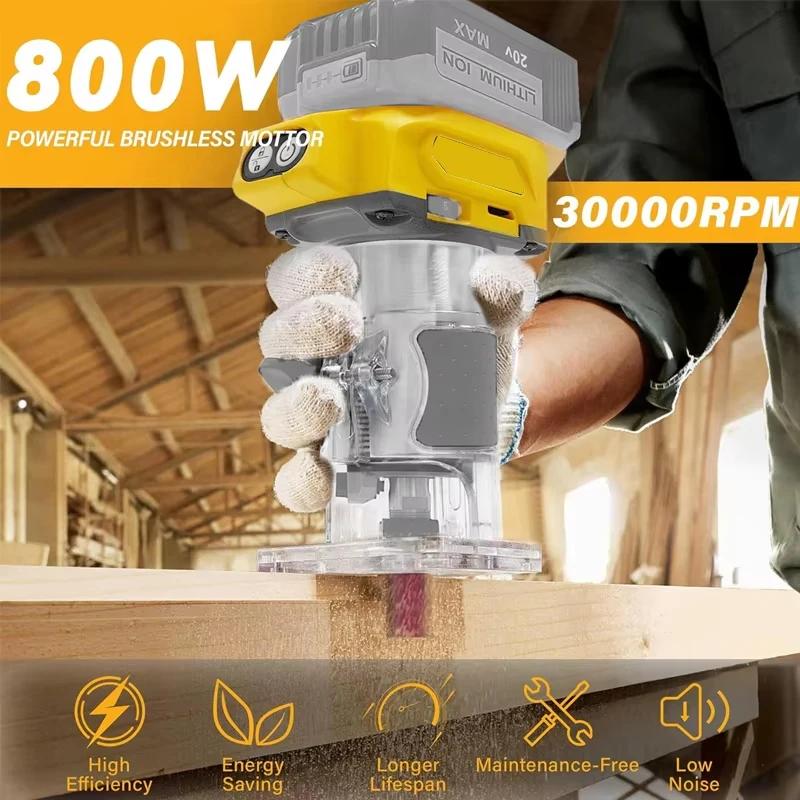 Cordless Wood Router 800W 30000RPMElectric Trimmer Woodworking Trimming Machine Wood Engraving slotting for Dewalt 20V Battery