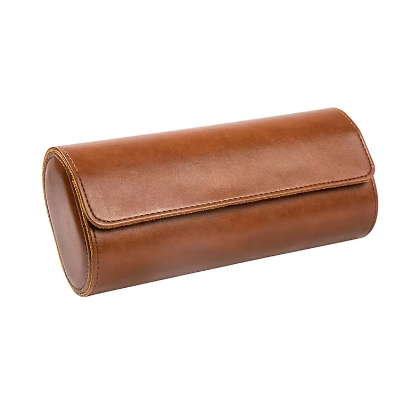 Brown polyurethane watch roll box fashionable portable travel case with 1 2 3 slots stylish design for watch storage