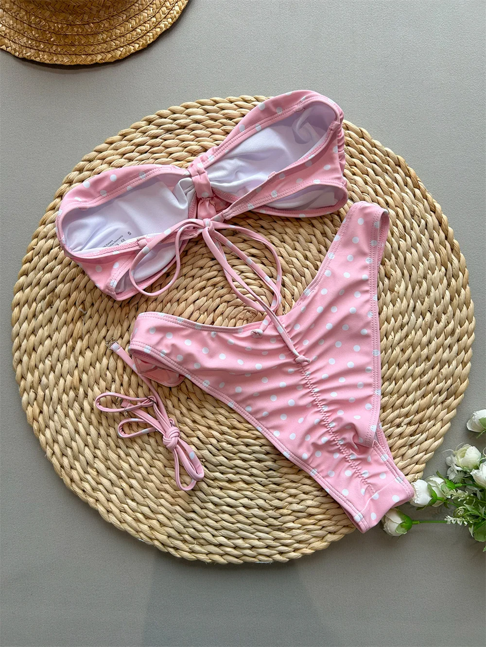 Para Praia Pink Dot 3D-Blumen-Bandeau-Bikini-Set 2025, Push-Up-Bademode für Damen, brasilianischer Badeanzug, Bikini, sexy Badeanzug