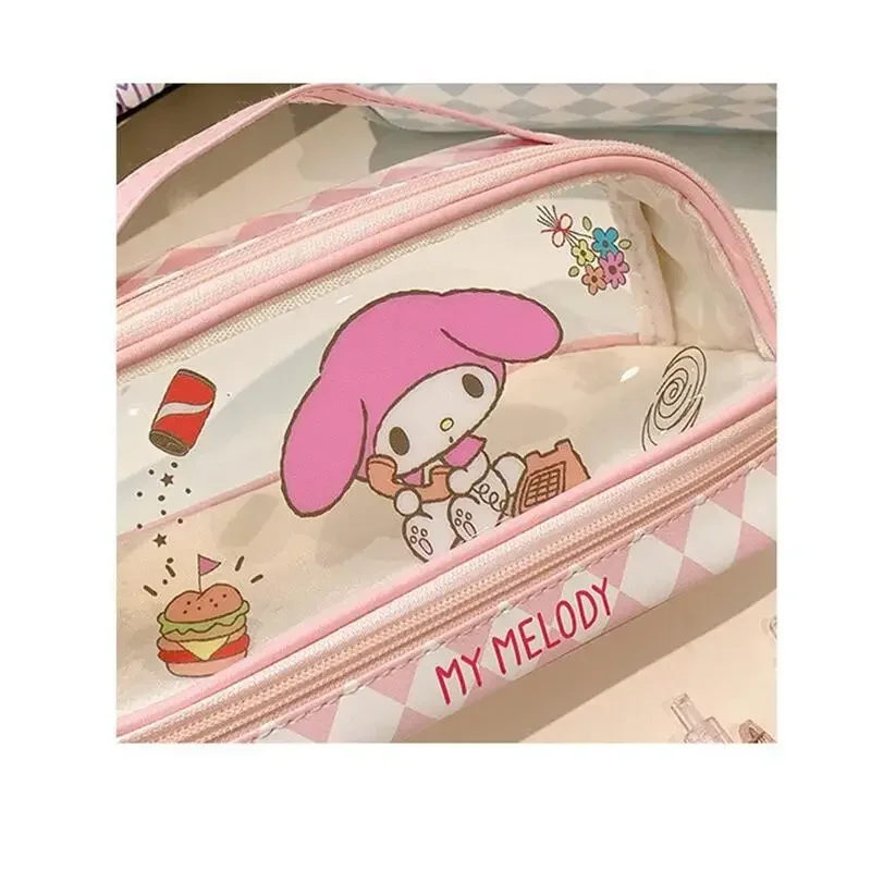 Sanrio Hello Kitty Portable Pencil Case Cute Anime Cartoon Kuromi Cinnamoroll Transparent Pencil Pouch Cosmetic Bag Child Gifts