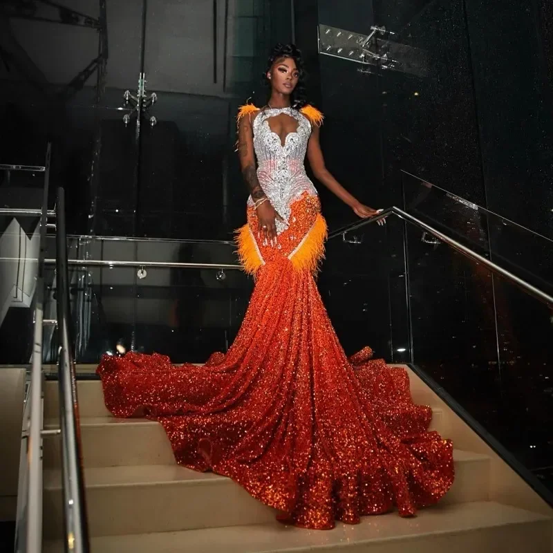 Orange Sparkly African American Long Prom Dresses For Black Girls Sequins Feather Crystals Women Party Evening Gown Customized