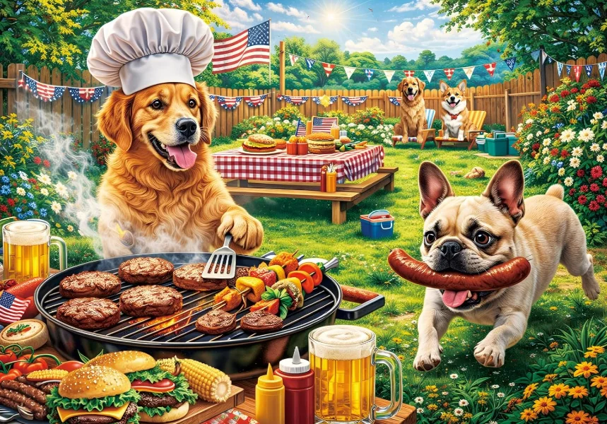 500/1000/1200/2000PCS Jigsaw Puzzle Golden Chef Dog Grilling French Bulldog With Sausage Sunny Lawn BBQ Scene Home Decor Gift