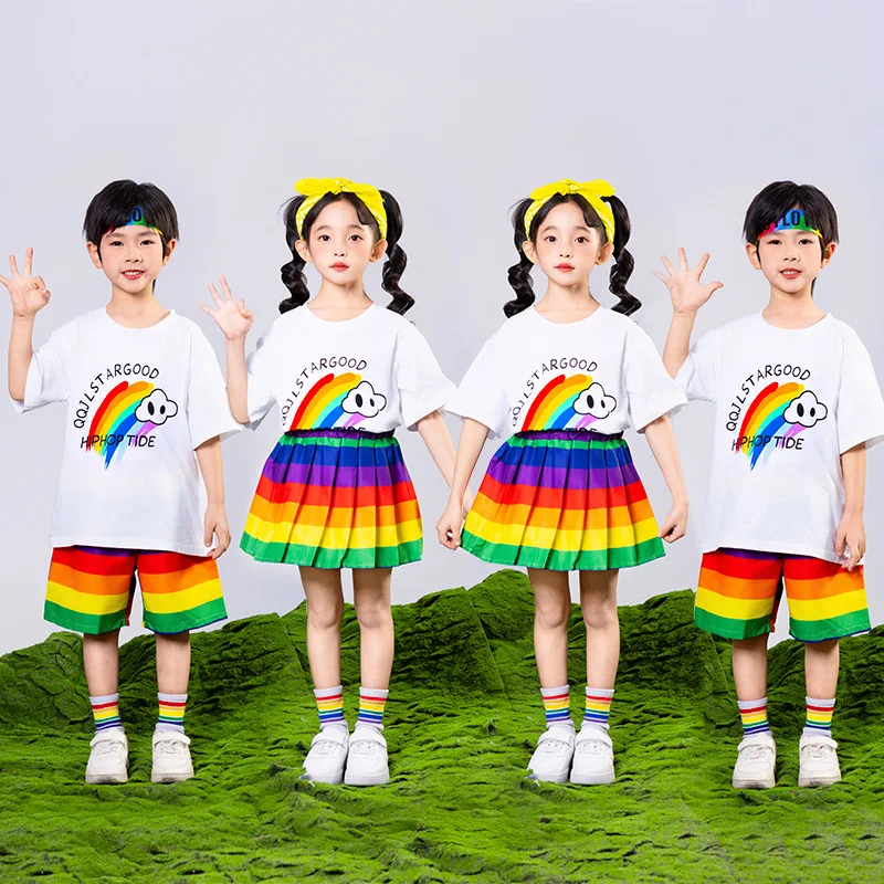 

Cheerleaders For Kids Crew Neck Short Sleeve T-Shirt Costume Girls Summer Rainbow Skirt Boys Fashion Summer Shorts Set