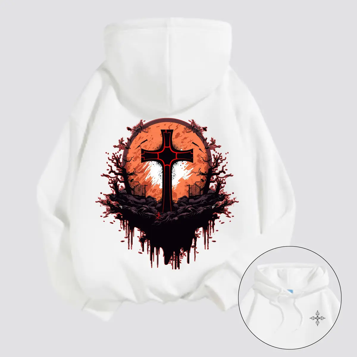 

Осенне-зимняя толстовка с капюшоном, принтом и флисом, свободная студенческая повседневная модная толстовка с крестом на Хэллоуин и элементом ужасов