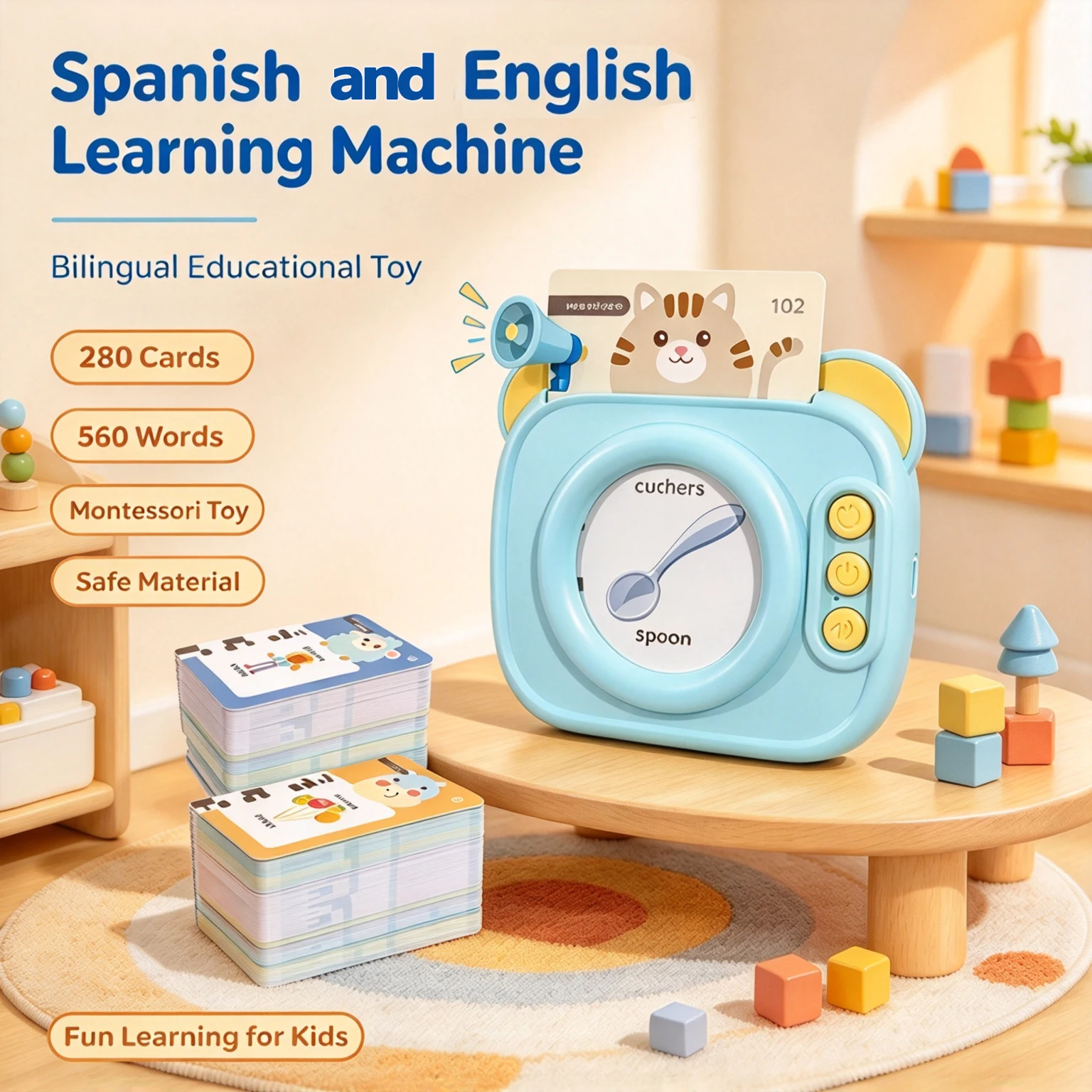 Toddler Toys Bilingual English and Spanish Talking Flash Cards for Boys and Girls, 560 Words Learning Toy with 280 Cards, Preschool Speech Therapy Montessori Cognitive Toy, Autism Sensory Toys for Autistic Children, Gifts for Christmas Birthday