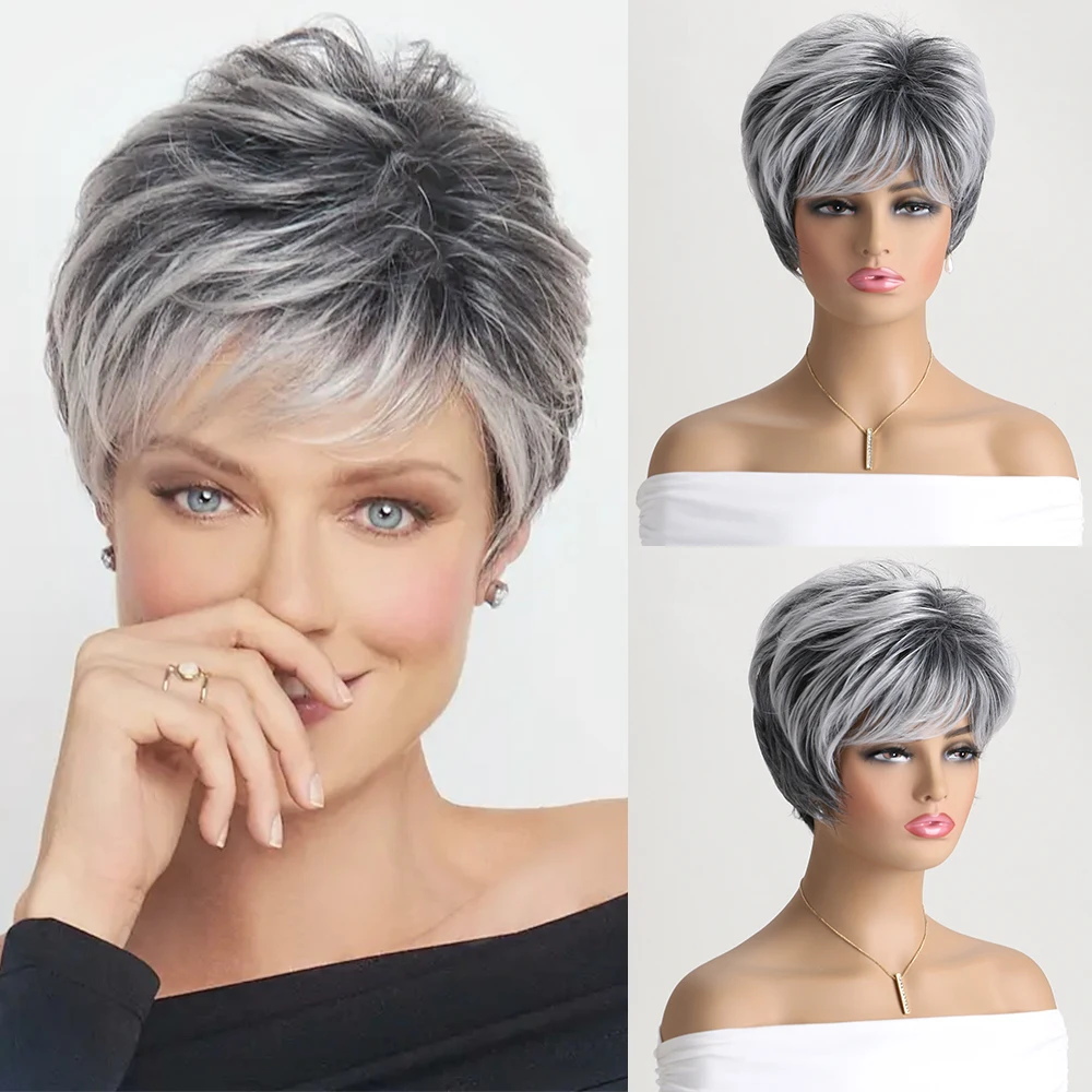 Short Natural Wigs with Bangs Soft Mommy Hair Daily Use Short  Grey Ombre Curly Synthetic Hair Costume Party Wig for Women image 4