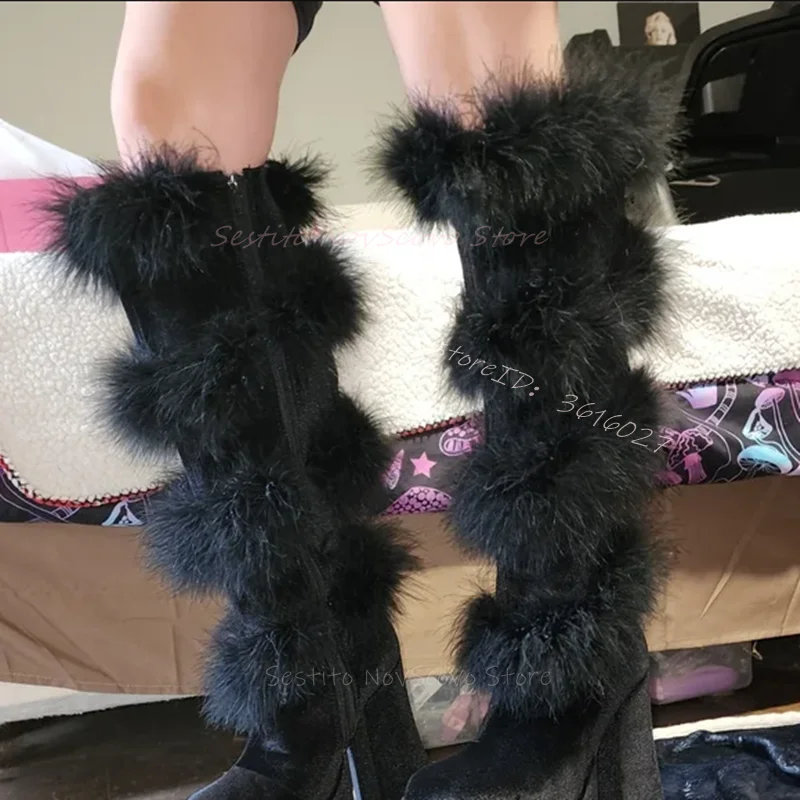 Sweet Platform Suede Knee High Boots Wrap Furry Size Zip Winter Cool Girl Dress Party Sexy Ladies Long Boots Punk Casual Shoes