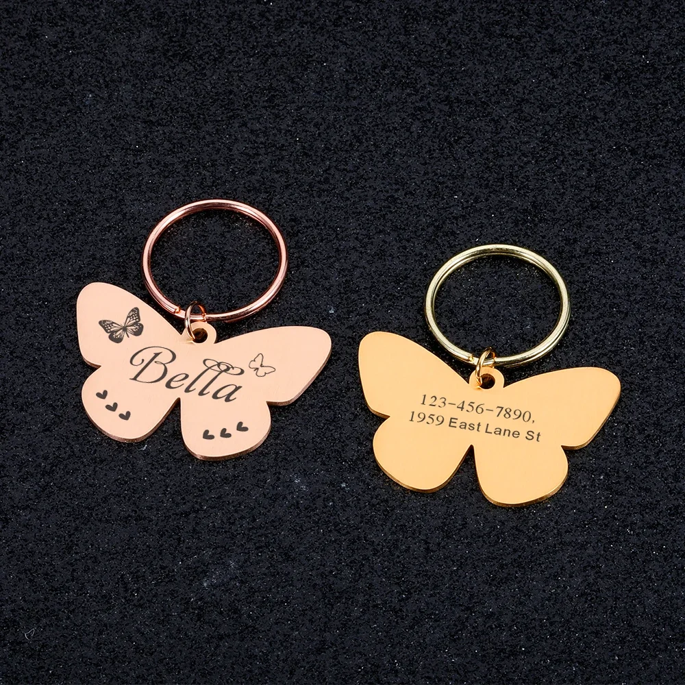 Personalized Butterfly Dog ID Tag Anti-lost Pet Name Tags Plates Free Engraving Cats Kitten ID Tag Nameplate Pendant for Pets