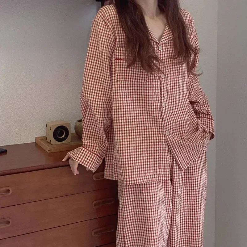 

Korean Version Plaid Pajama Women Long Sleeve Sleepwear Spring Thin Loungewear Plus Size Red Nightwear Lapel Casual Homewear Set
