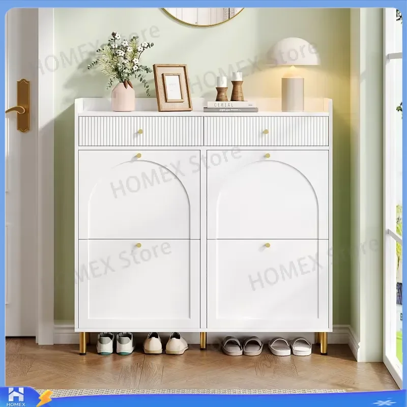 Narrow Slim Shoe Storage Cabinet French Minimalist Particle Board 4 Flip Doors 2 Drawers Anti-tip Wall Anchor Kid Safe