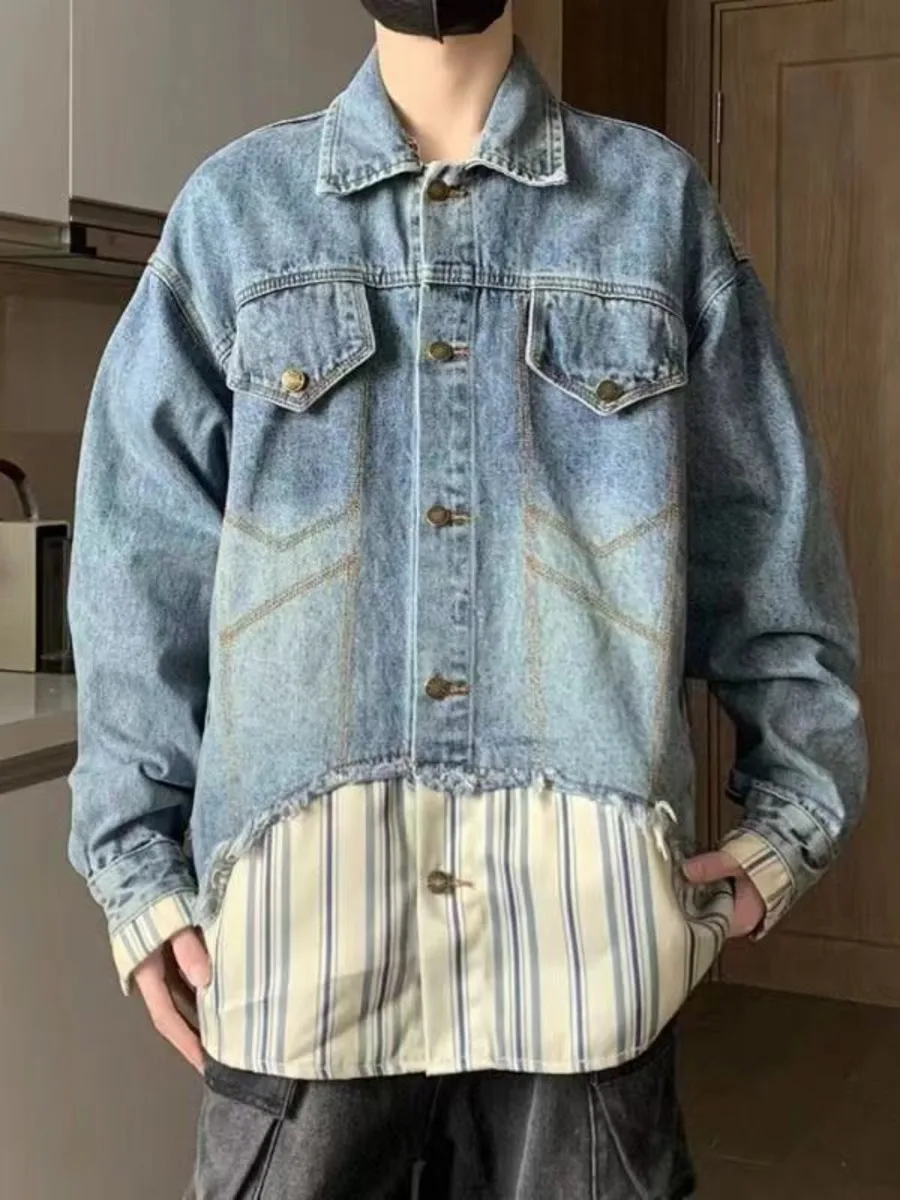 Retro Fake Two Piece Stripe Shirt Patchwork Denim Coat Men Women Unisex Trendy Fashion Cowboy Loose Japanese Jacket