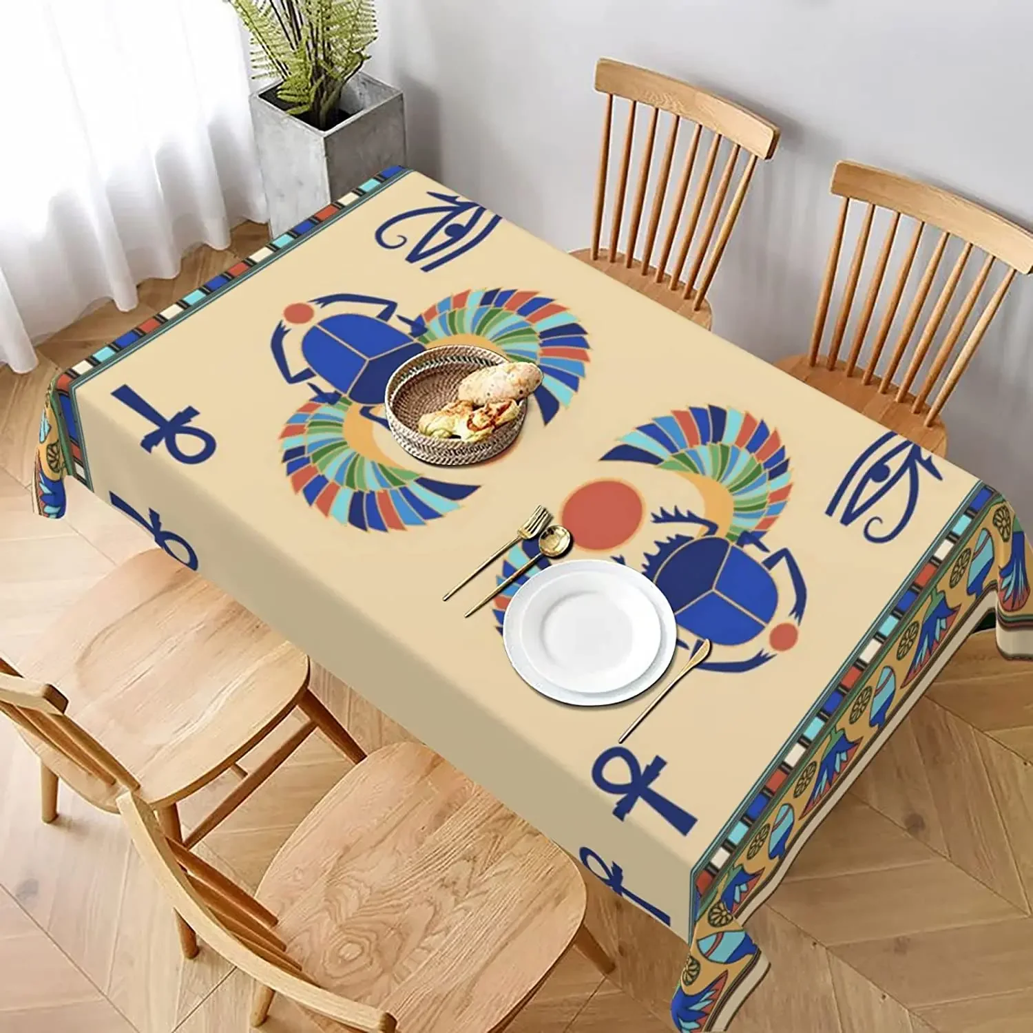 Egyptian Scarab Print Tablecloth Oil Proof Water Resistance Microfiber Decorative Fabric Table Cover For Outdoor And Indoor Use