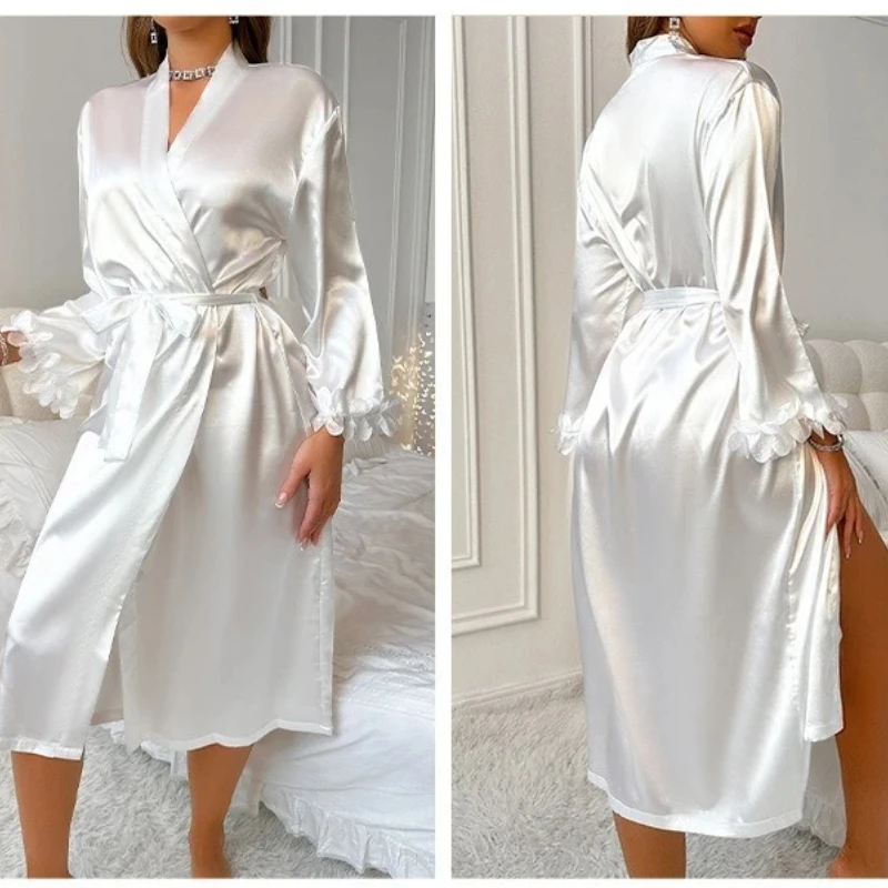 

Fashionable and Casual Home Wear Long-sleeved Women's Sleepwear Silk Robe Women's Lace Bathrobe 2-piece Set Nightgowns Summer