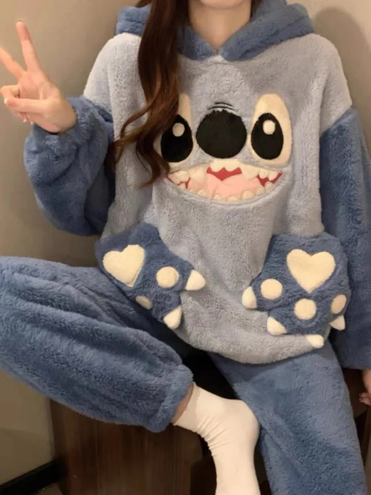 Lilo&stitch Hooded Pajama Girl Winter Student Disney Cartoon Stitch Plus Fleece Flannel Long-sleeved Homewear Set Birthday Gift