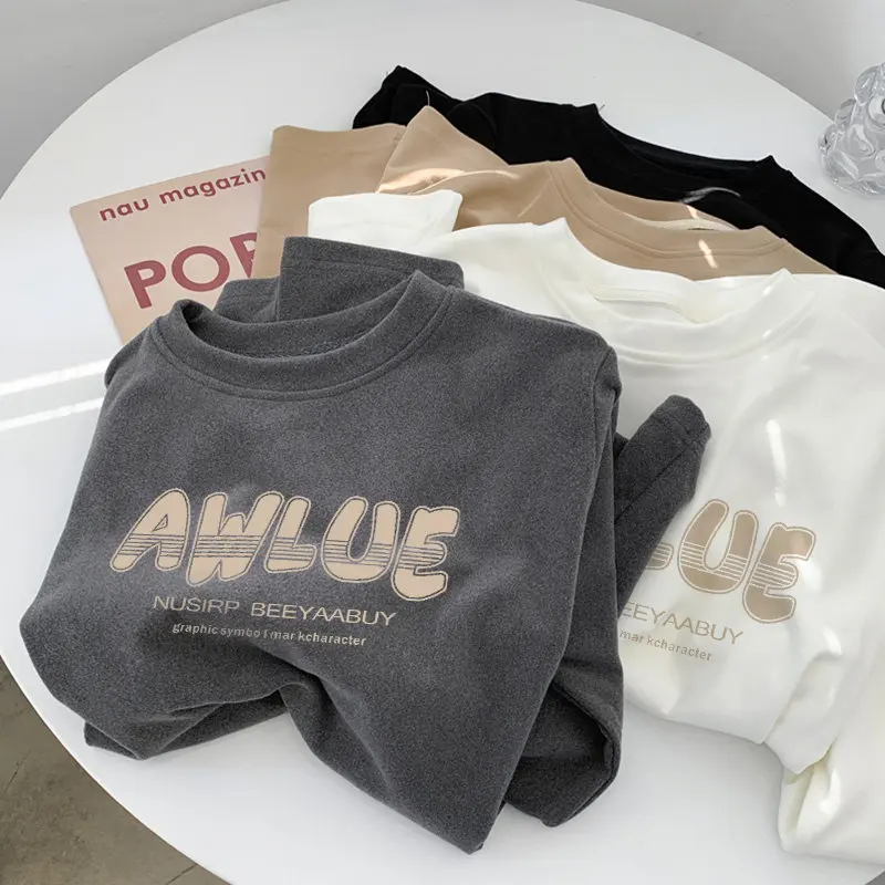Women Long Sleeve Tshirt German Velvet Double Sided Inner Layer Loose Letter Top Base Autumn Winter
