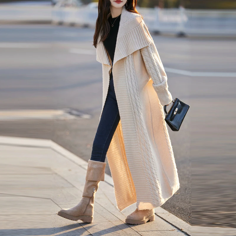 

Autumn And Winter Temperament Knitted Wool Coat Female French Lapel Sweater Long Knitted Cardigan Coat