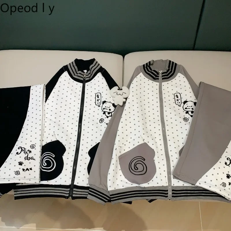 Autumn Japanese Fashion Two-color Polka Dot Embroidered Panda Stand-up Collar Long-sleeved Jacket Trousers Student Casual Suit