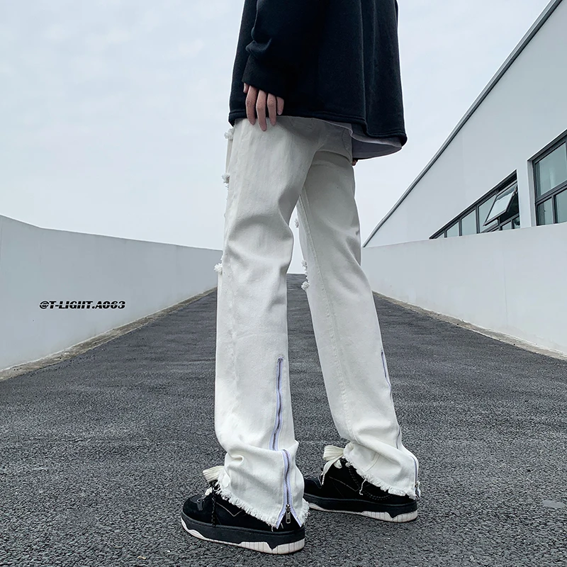 

Ripped Denim Jeans Men's Spring Autumn New American High Street Casual Long Pants Zipper Sports Pants Small Design Sense
