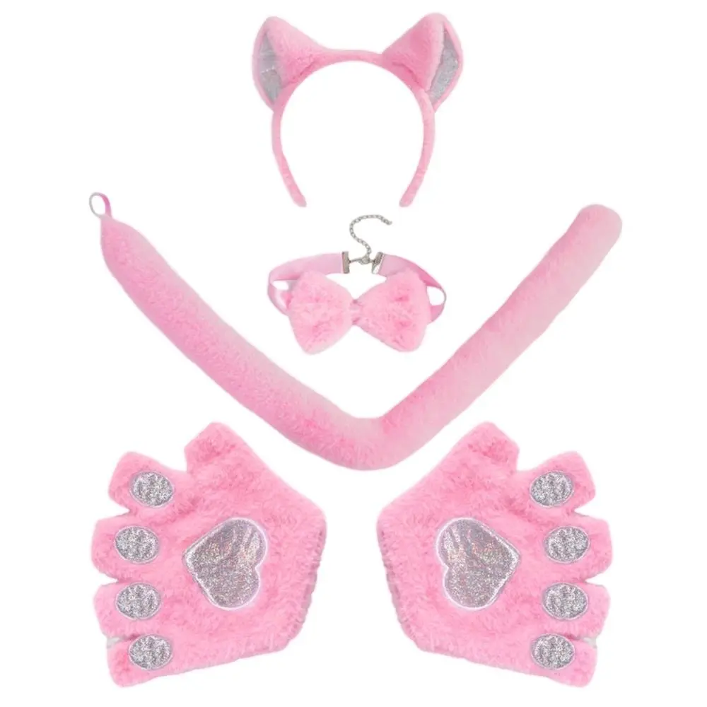 Halloween Cosplay Cat Ears and Tail Set Holiday Masquerade Animal Cat Cosplay Costume Headband Paw Gloves Tail Bow Tie