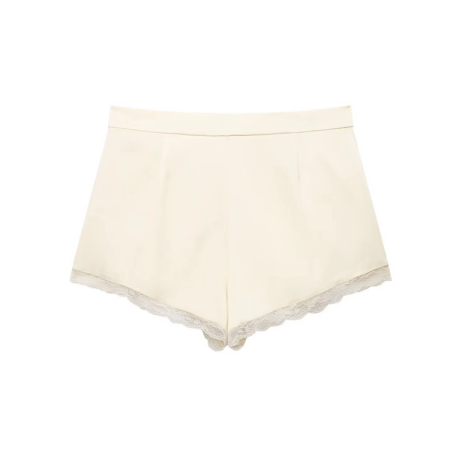 European and American style spring new women's casual style front pleated mid waist lace embellished satin texture shorts