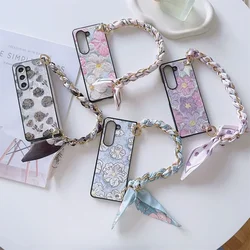 Golden Flower PU Leather Cover with Scarf Handbag Style Chain Wrist Strap For Samsung Galaxy Z Fold 7 6 5 4 3 5G Hard Phone Case
