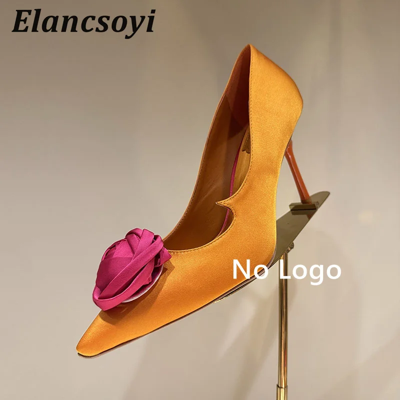 Rose Flower Decor High Heel Women Satin Pointed Toe Thin Heel Single Shoes No Logo Pumps Spring Autumn Sexy Banquet Dress Shoes