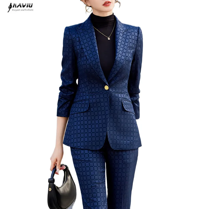 NAVIU Fashion Business Women Work Wear Spring New High Quality Plaid Blazer and FLARE PANTS Suit Shows Calm Capable Temperament