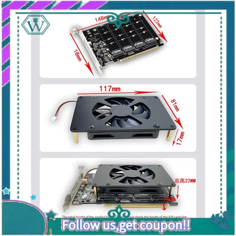 

Upgraded PCIEX16 NVME M2 MKEY SSD RAID Array Expansion Adapter Card Motherboard PCIE Split Card With Cooling Fan Easy Install Ea