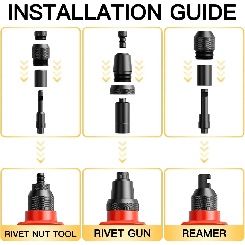 Ferramenta de porca de rebite 3 em 1, kit profissional de arma de rebite com 5 cabeças de rebite e 6 mandris métricos e SAE